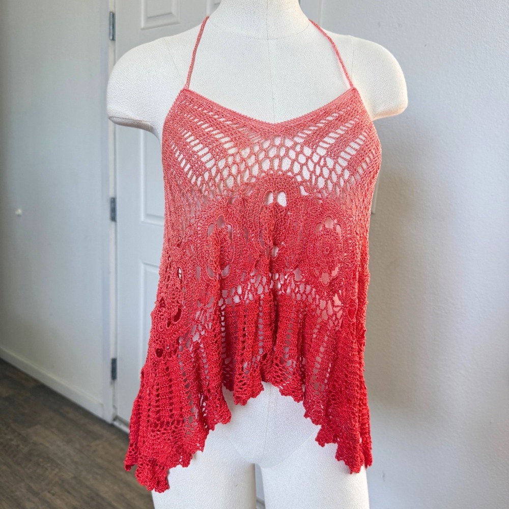 Krochetta By Papillon Red Ombre Crochet Halter Top Sheer Knit Boho hippie fairy